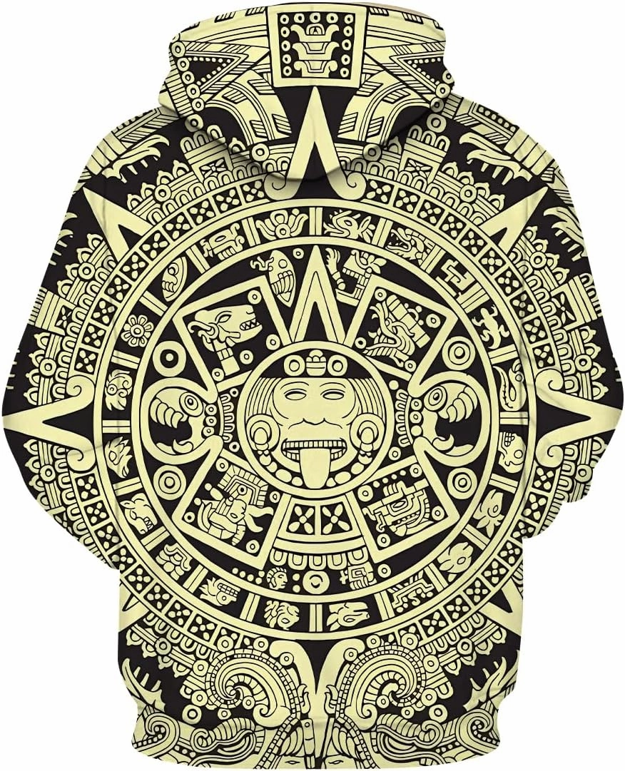 LAOLIUSN Men's Aztec Hoodie with Mayan Totems Design Mexican Themed Printed Sweatshirt