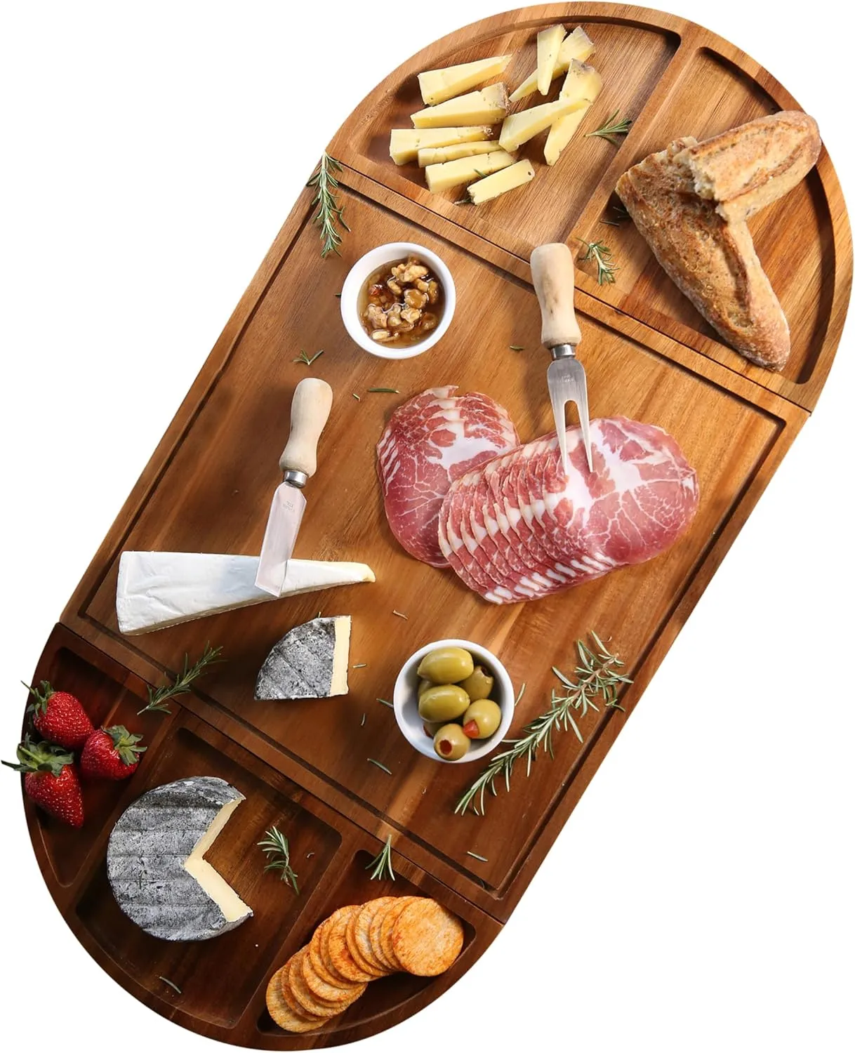 Large Charcuterie Board Set - 3 Part Unique Long & Round - Magnetic Acacia Wood Cheese Boards & Charcuterie Boards Gift Set - Wooden Tray Serving Cutting Board Platter 26x13