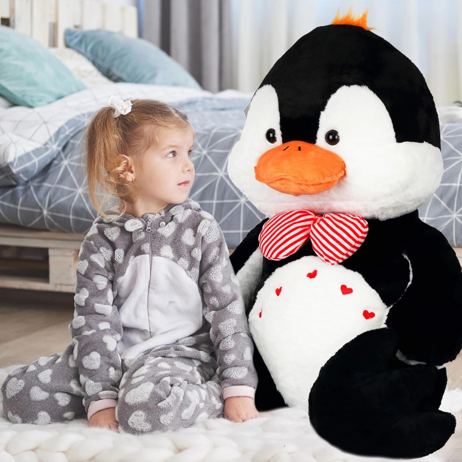 Large Penguin Stuffed Animal with Bow Tie & Heart Pattern, Giant Stuffed Animal Penguin Plush Toy for Girlfriend Gift, Kids, and Cozy Home Decor