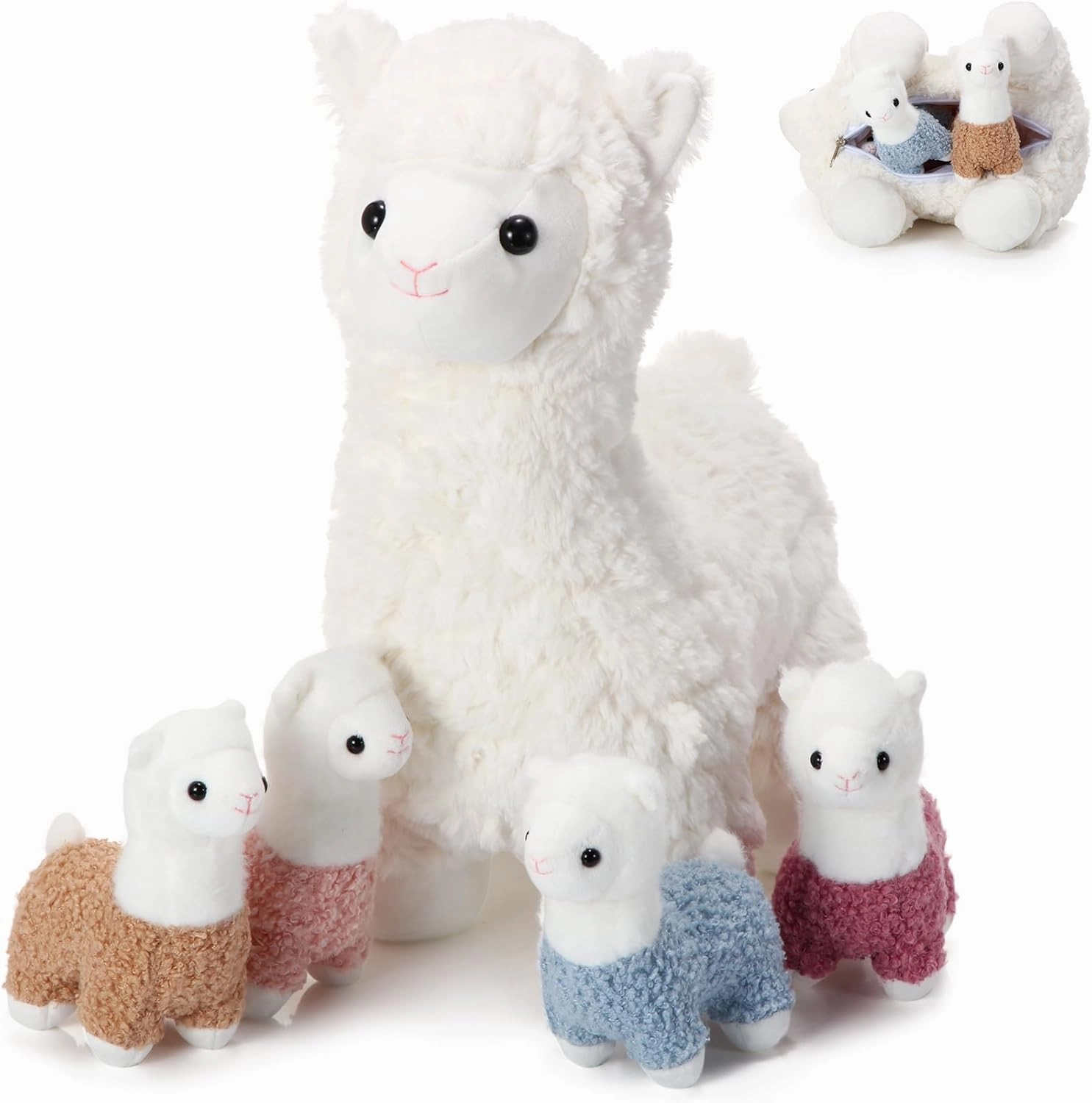 Lenwen 5 Pcs Llama Stuffed Animal Llama with Babies 14 Inch Mommy Alpaca with 4 Cute Plush Babies in Her Belly Soft Cuddly Plushie for Toddler Boy Girl Birthday Gift Party Favors