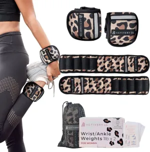 Leopard Adjustable Ankle Weights – 1lb Each, Set of 2 – Wrist or Ankle Use – Weights for Women at Home, Pilates,Barre, Yoga, Fitness – Includes Mesh Travel Bag & Exercise Guide