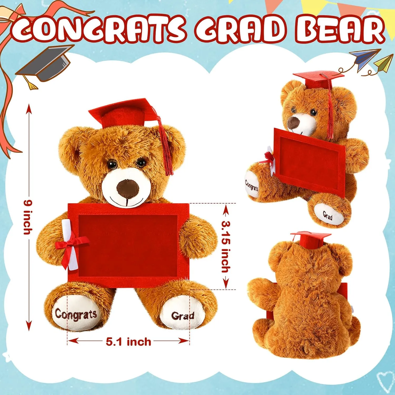 Leyndo Class of 2025 Graduation Plush Bear with Picture Frame Diploma Cap 9 Inch Congrats Grad Plush Stuffed Animal Bear Graduation Gifts for Preschool Kindergarten College Masters(Red)