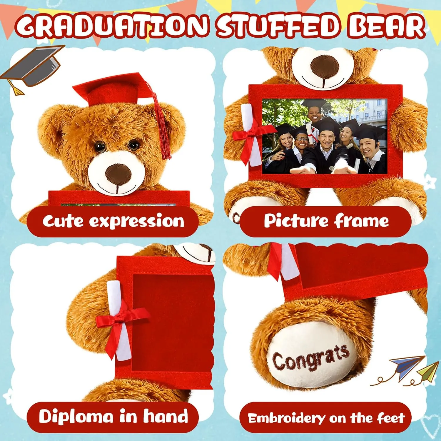 Leyndo Class of 2025 Graduation Plush Bear with Picture Frame Diploma Cap 9 Inch Congrats Grad Plush Stuffed Animal Bear Graduation Gifts for Preschool Kindergarten College Masters(Red)