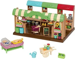 Li'l Woodzeez Store Playset – Hoppin' Farmers Market – 97pc Toy Market Set with Play Food and Shopping Accessories – Toys for Kids Aged 3 and Up