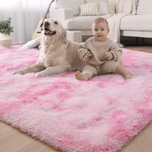 LOCHAS Luxury Fluffy Rainbow Area Rug for Girls Bedroom 4x6, Soft Fuzzy Kids Rugs for Bedroom Boys Playroom, Cute Colorful Tie Dye Princess Carpet for Nursery Living Room Home Decor, Pink