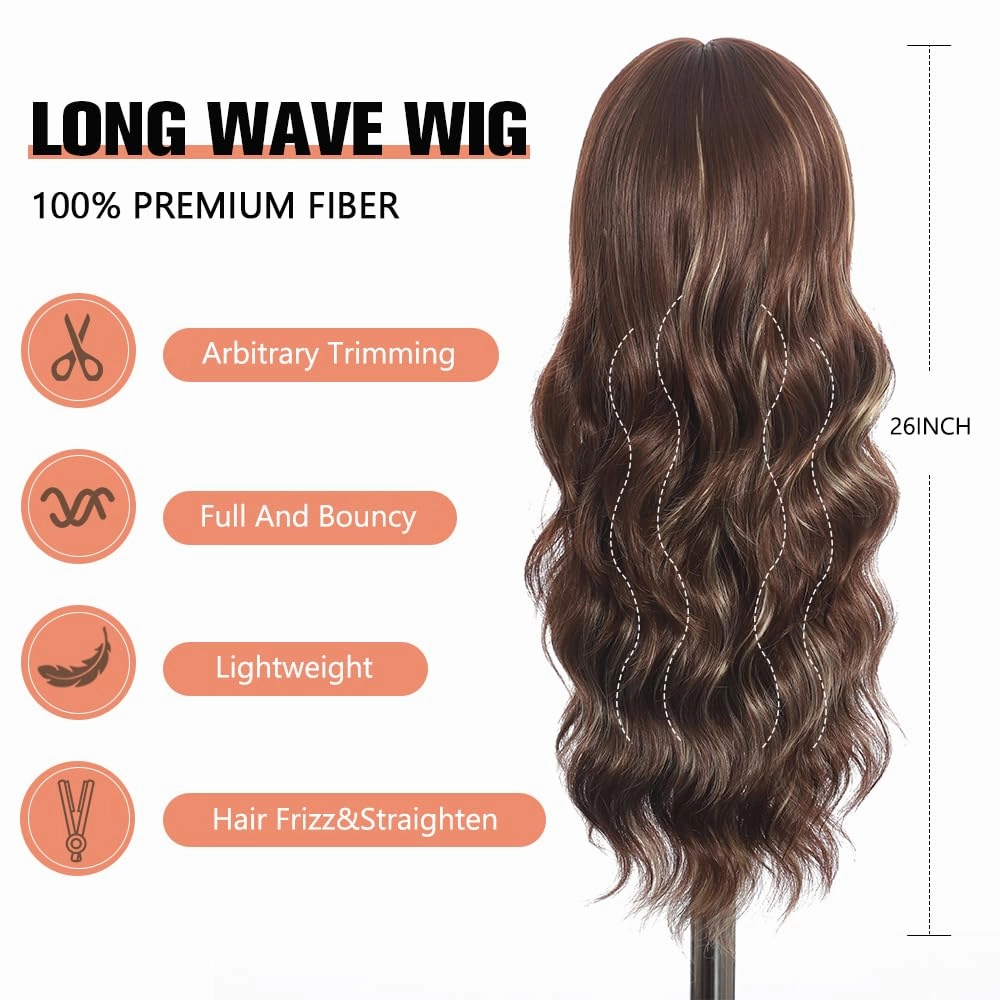 Long Brown Wig with Bangs Long Curly wavy Wig for Women Brown Mixed Blonde Hightlight Wigs Natural Synthetic hair for Daily Party Use 26IN