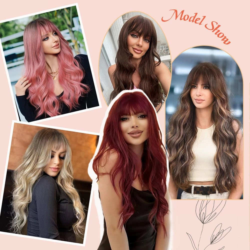 Long Brown Wig with Bangs Long Curly wavy Wig for Women Brown Mixed Blonde Hightlight Wigs Natural Synthetic hair for Daily Party Use 26IN