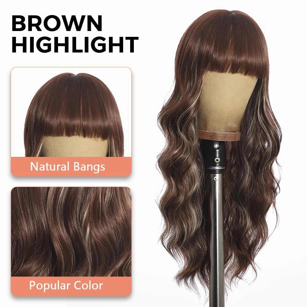 Long Brown Wig with Bangs Long Curly wavy Wig for Women Brown Mixed Blonde Hightlight Wigs Natural Synthetic hair for Daily Party Use 26IN