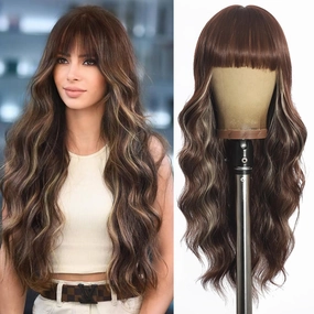 Long Brown Wig with Bangs Long Curly wavy Wig for Women Brown Mixed Blonde Hightlight Wigs Natural Synthetic hair for Daily Party Use 26IN