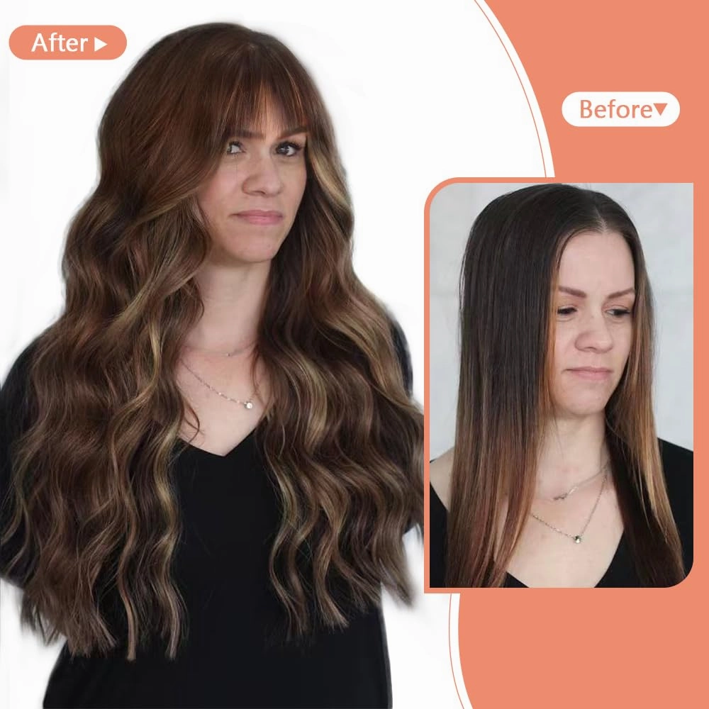 Long Brown Wig with Bangs Long Curly wavy Wig for Women Brown Mixed Blonde Hightlight Wigs Natural Synthetic hair for Daily Party Use 26IN