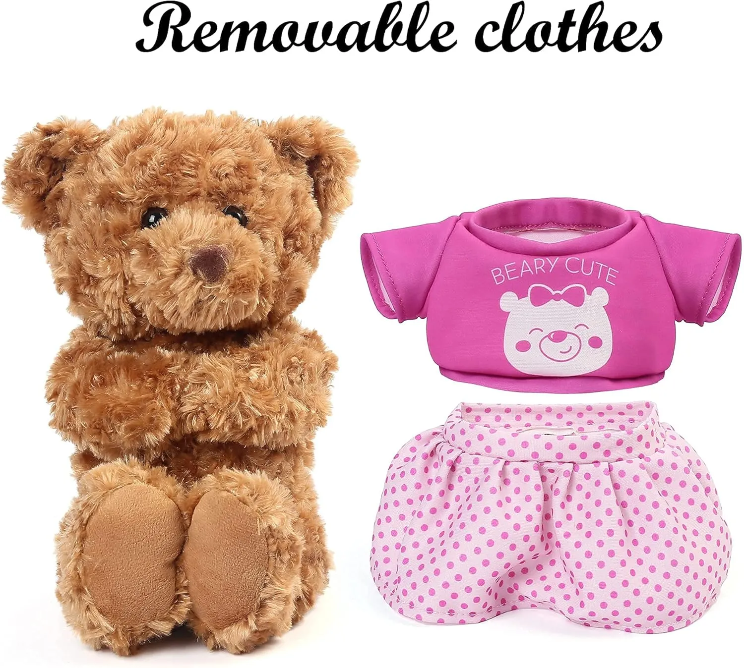 LotFancy Teddy Bear Stuffed Animal, with Removable Clothes, 10 inch Cute Baby Girl Bear Plush, with T-Shirt and Dress, Baby Shower Decoration, Easter Gift Plushies