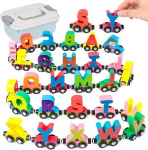 LovesTown 27 PCS Magnetic Alphabet Train Set, Wooden ABC Letters Educational Learning Toy with Storage Box