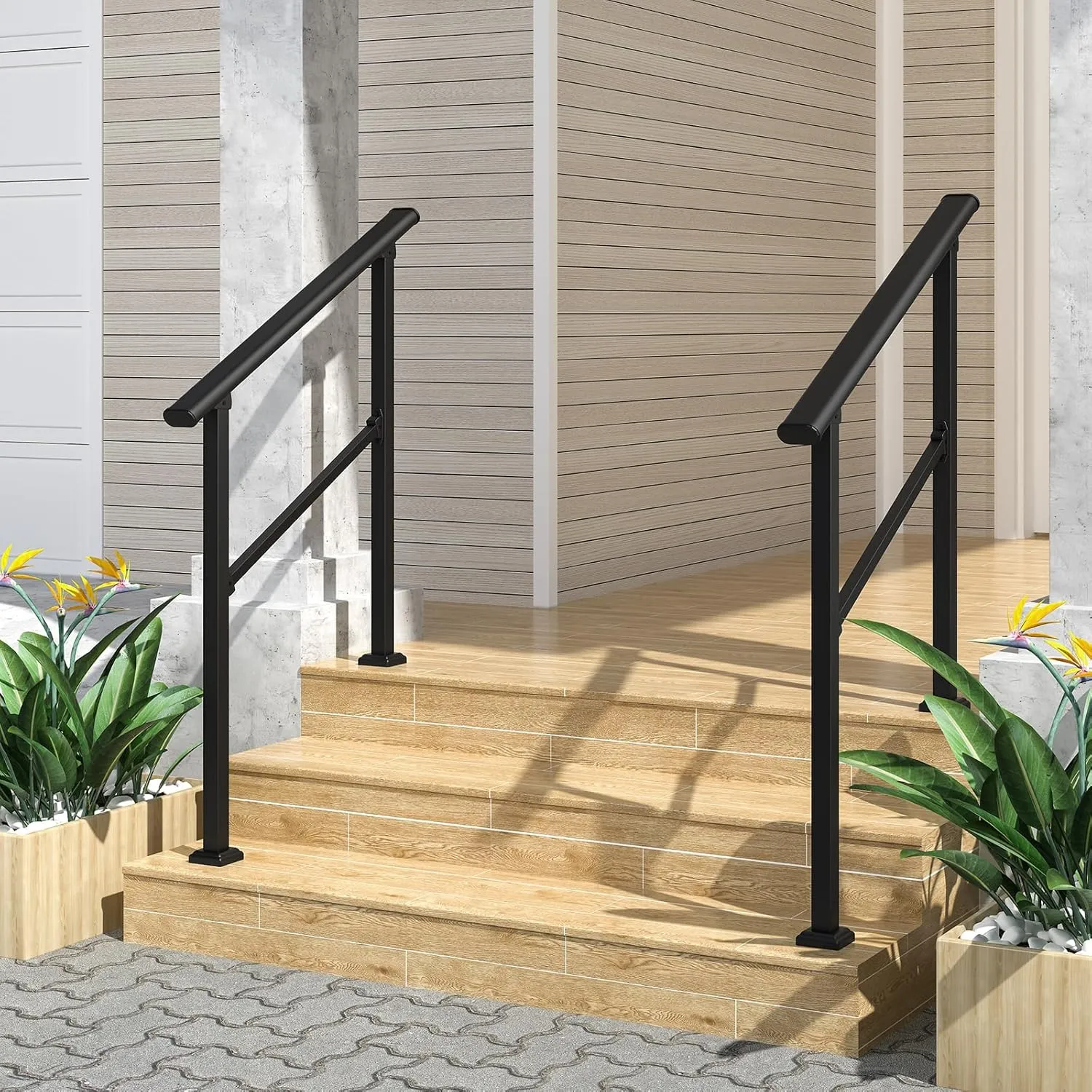 LOVMOR 2 Pack 3 Step Hand Rails for Outdoor Steps, Wrought Iron Railing, Exterior Hand Railing for Steps, Porch Railing Kit (2-3 Steps Handrail)