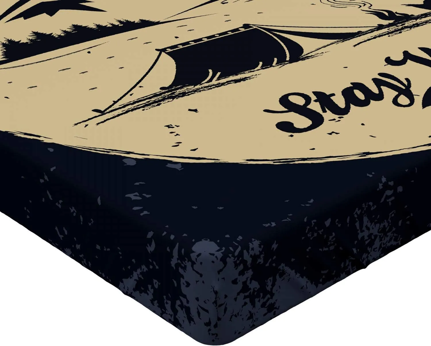 Lunarable Camping Fitted Sheet, Bear Silhouette Resting on a Camp in The Forest Stay Wild Words, Bed Cover with All-Round Elastic Deep Pocket for Comfort, Queen Size, Dark Blue Beige