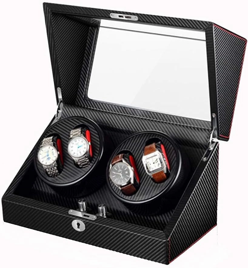 Luxury Automatic Watch Winder 4 0 Wooden Carbon Fiber Mechanical Watch Box with Ultra-Quiet Motor Battery Powered Or Ac Adapter for Men Women Black
