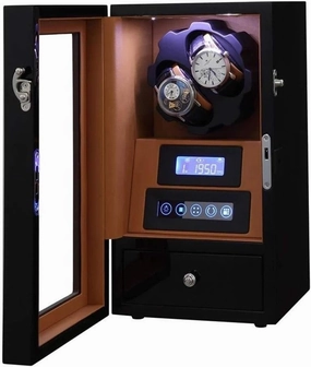 Luxury Wood Automatic Watch Winder 8 Rotation Mode and 2 Watch Box LCD Touch Screen with Quiet Motor Built-in Blue LED Illumination for Men and Women Mechanical Watches