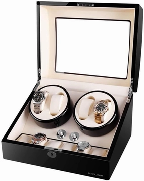 Luxury Wood Automatic Watch Winder Box with 4 Winder Positions 6 Storage Spaces 4 Modes Piano Paint Gloss (Black 34x26x22cm)