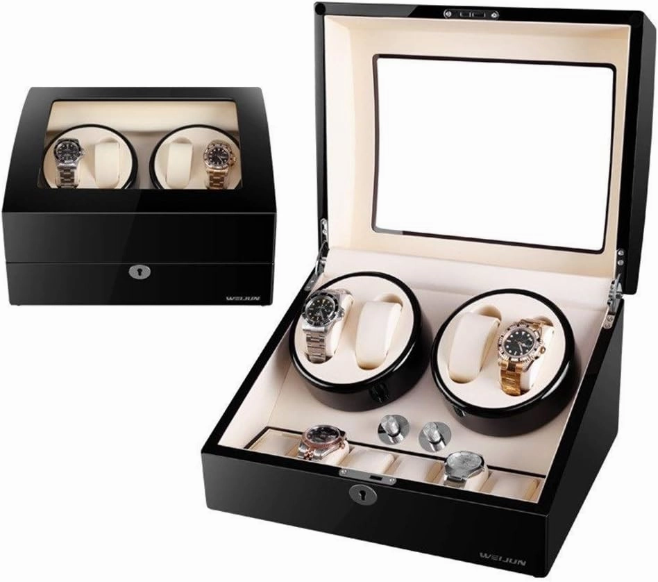Luxury Wood Automatic Watch Winder Box with 4 Winder Positions 6 Storage Spaces 4 Modes Piano Paint Gloss (Black 34x26x22cm)