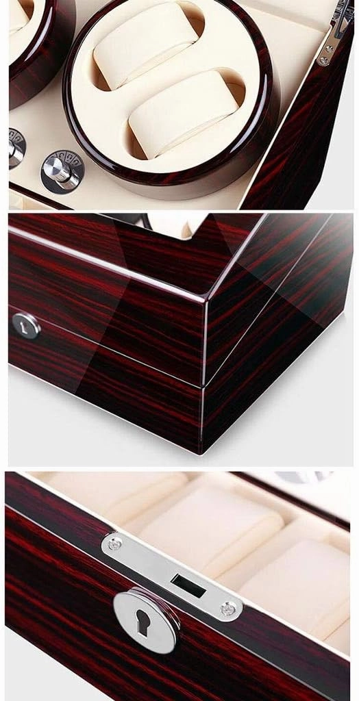 Luxury Wood Automatic Watch Winder Box with 4 Winder Positions 6 Storage Spaces 4 Modes Piano Paint GlossBlack-34x26x22cm