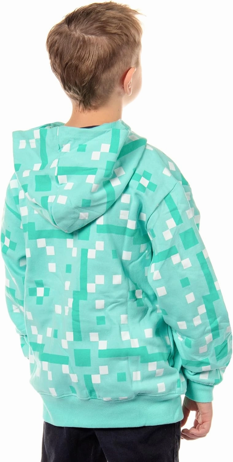 Mad Engine Minecraft Boys' Diamond Steve Allover Pixelated Design Big Kids Full-Zip Hoodie Rubber Sword Zipper Pull