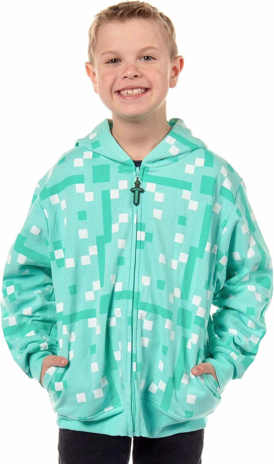 Mad Engine Minecraft Boys' Diamond Steve Allover Pixelated Design Big Kids Full-Zip Hoodie Rubber Sword Zipper Pull