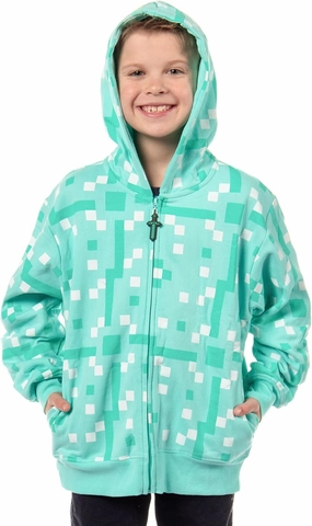 Mad Engine Minecraft Boys' Diamond Steve Allover Pixelated Design Big Kids Full-Zip Hoodie Rubber Sword Zipper Pull