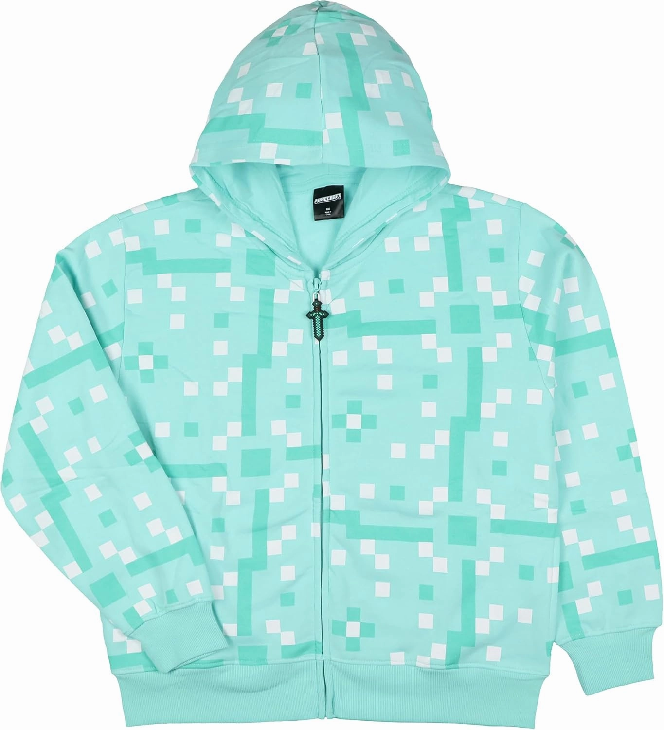 Mad Engine Minecraft Boys' Diamond Steve Allover Pixelated Design Big Kids Full-Zip Hoodie Rubber Sword Zipper Pull