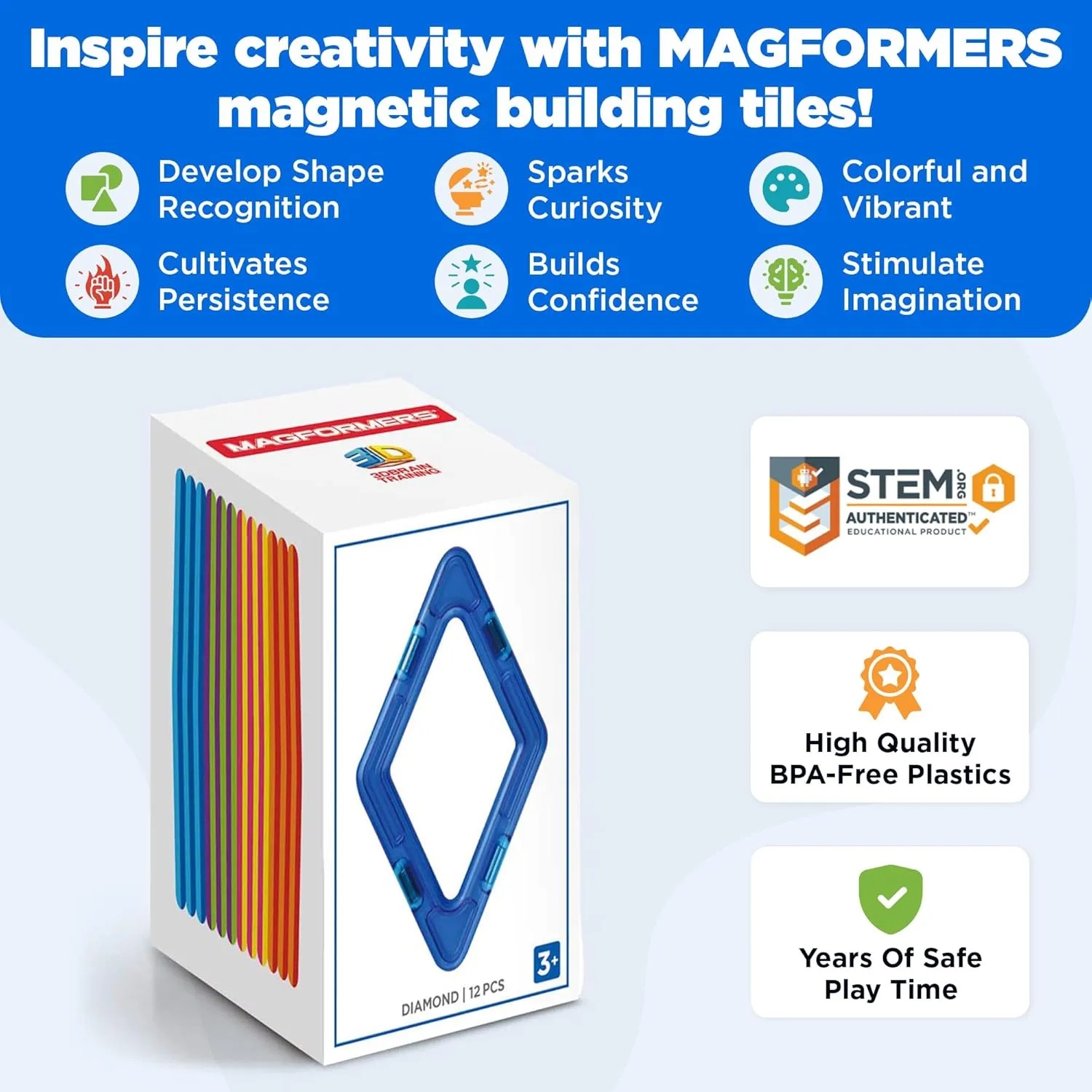 MAGFORMERS Diamond 12 Pieces Rainbow Colors, Educational Magnetic Geometric Shapes Tiles Building STEM Toy Set Ages 3 