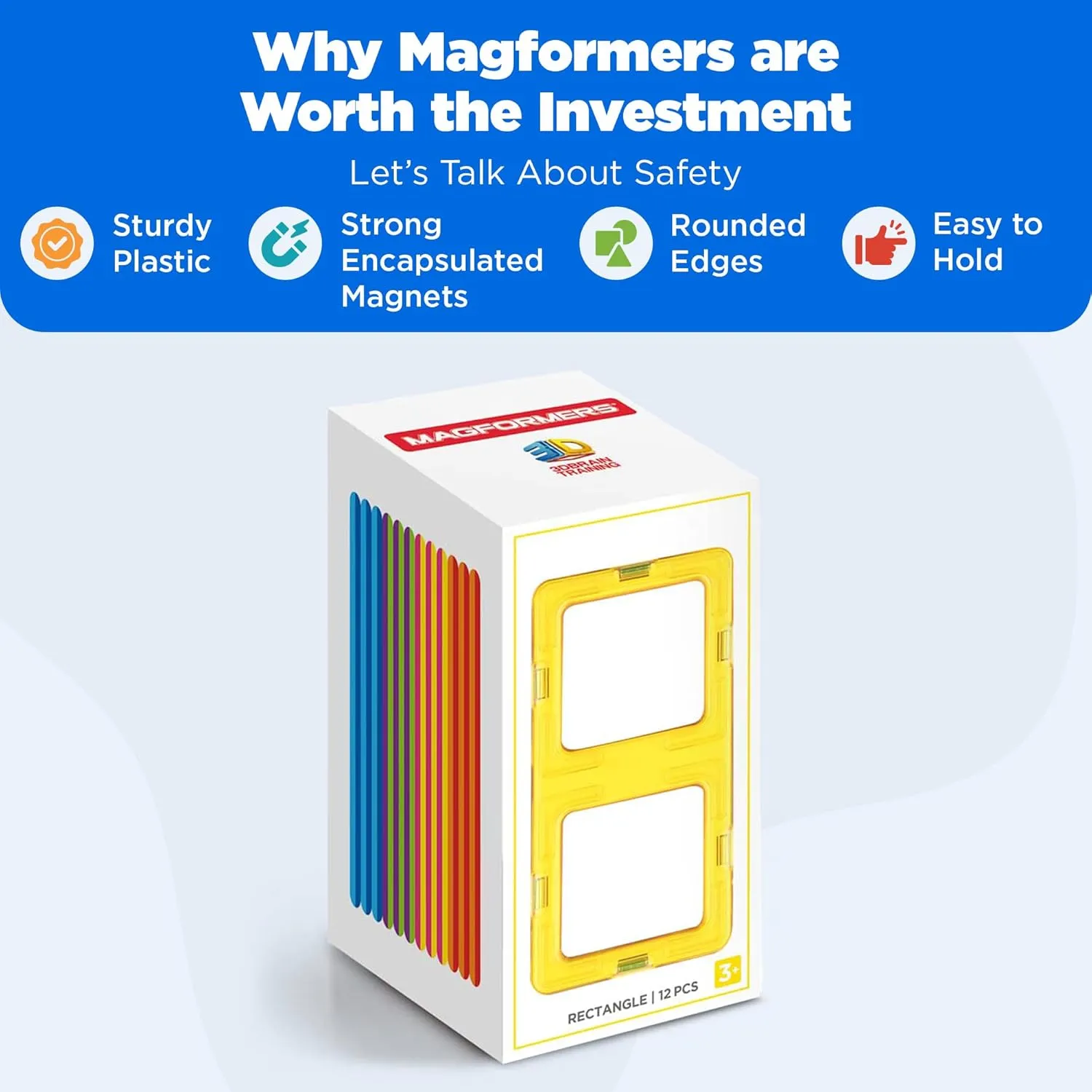 MAGFORMERS Rectangle 12 Pieces Rainbow Colors, Educational Magnetic Geometric Shapes Tiles Building STEM Toy Set Ages 3 