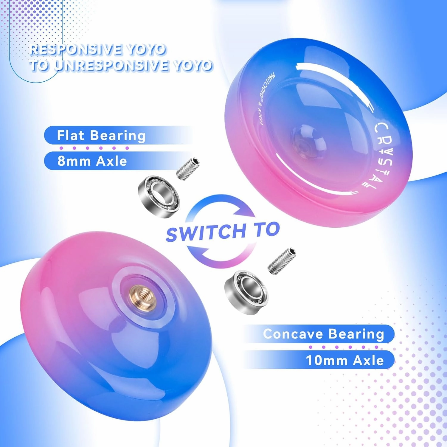 MAGICYOYO K2 Crystal Yoyo for Kids Beginners, Responsive Yoyo with Unresponsive YoYo Bearing for Replacement, Plastic Yoyo Professional with 12 Yoyo Strings, Yo Yo Case, Yo-Yo Accessory Set-Blue Pink