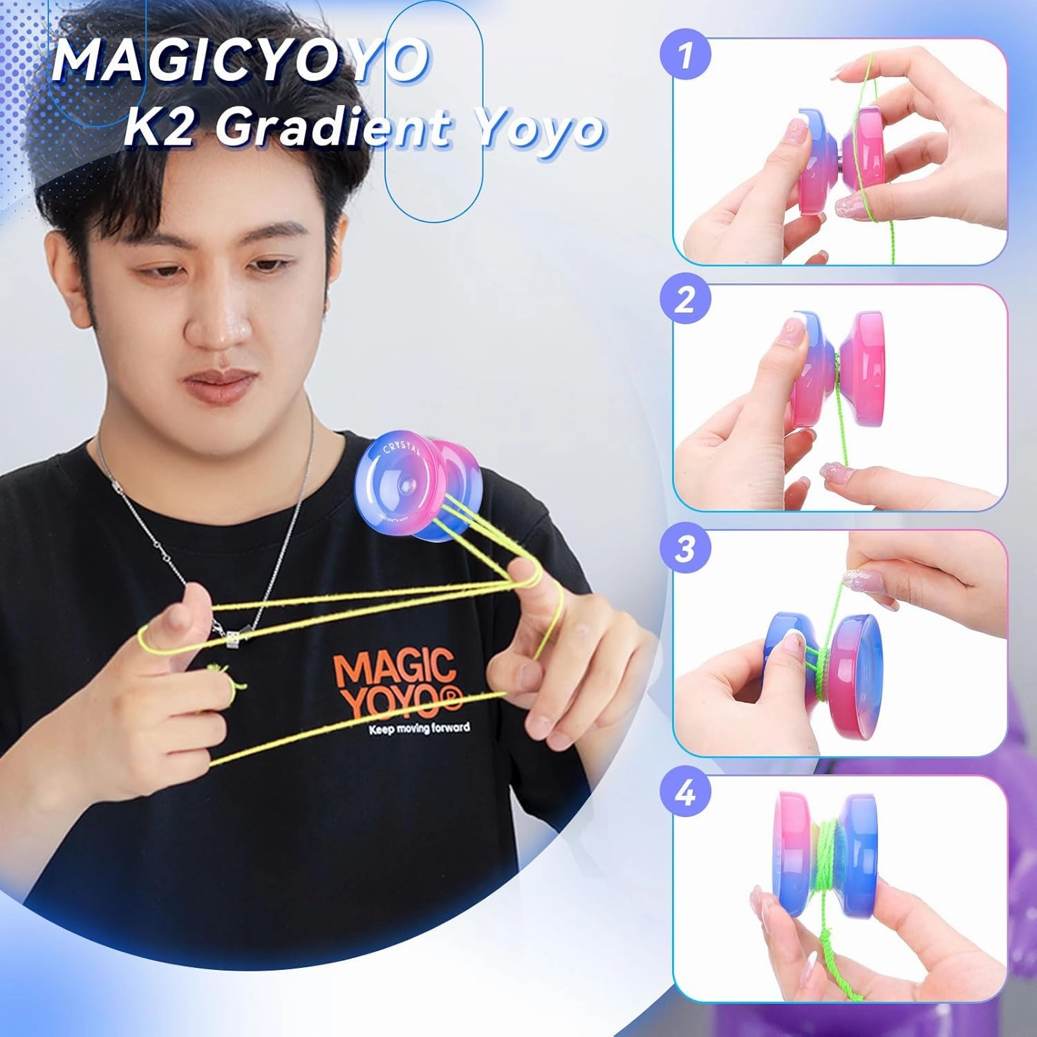 MAGICYOYO K2 Crystal Yoyo for Kids Beginners, Responsive Yoyo with Unresponsive YoYo Bearing for Replacement, Plastic Yoyo Professional with 12 Yoyo Strings, Yo Yo Case, Yo-Yo Accessory Set-Blue Pink