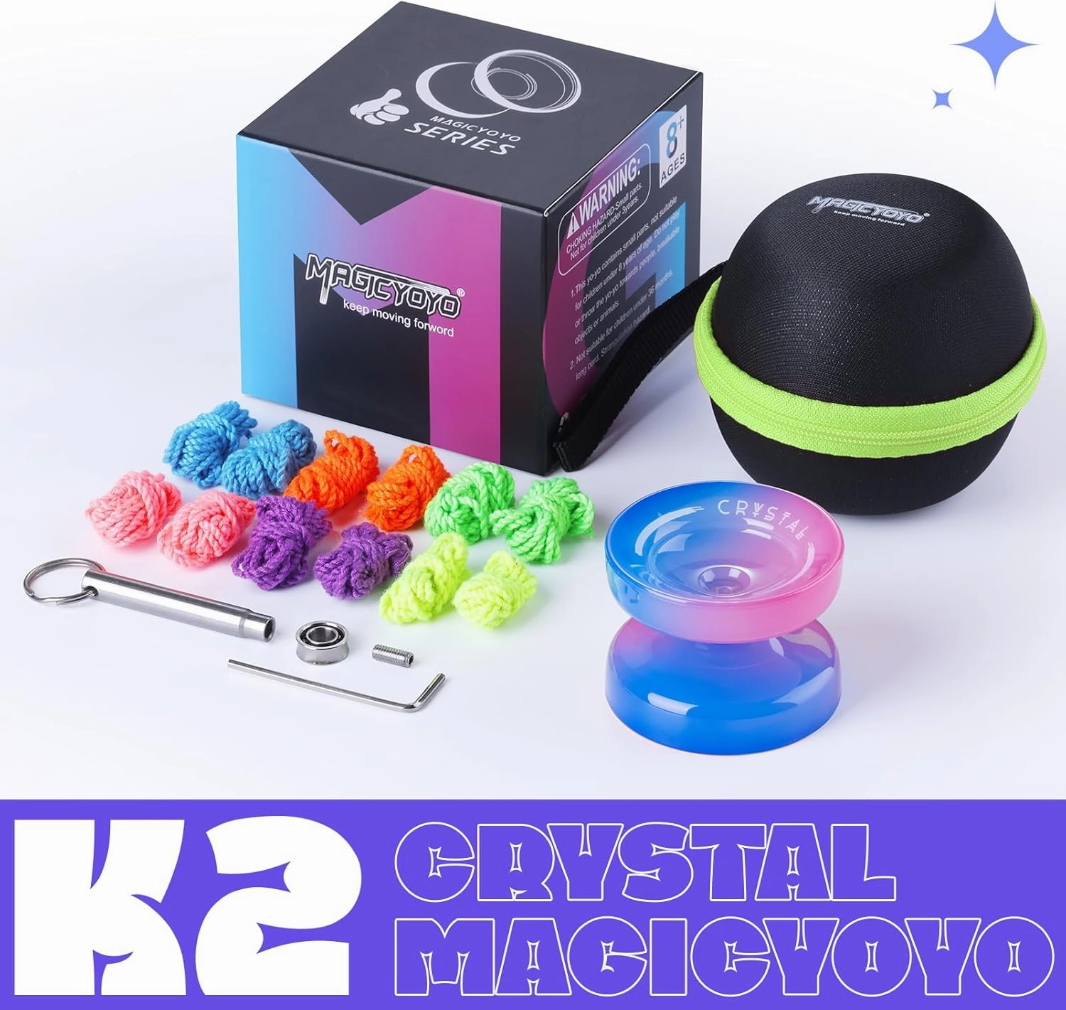 MAGICYOYO K2 Crystal Yoyo for Kids Beginners, Responsive Yoyo with Unresponsive YoYo Bearing for Replacement, Plastic Yoyo Professional with 12 Yoyo Strings, Yo Yo Case, Yo-Yo Accessory Set-Blue Pink
