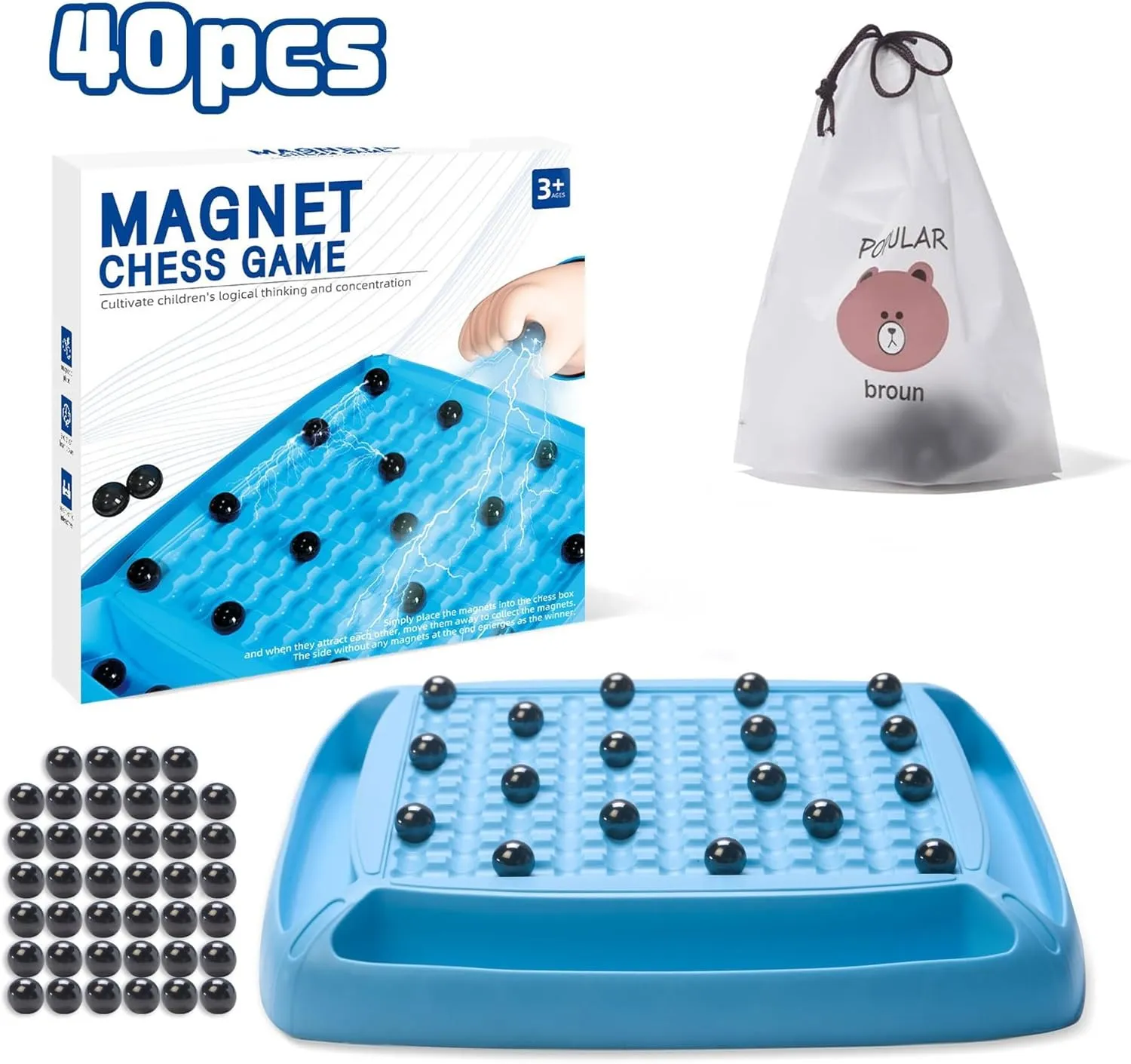 Magnet Game, Magnetic Game Fun Family Board Games for Kids and Adults, Magnet Chess Game with 40Pcs Stones, Table Top Magnetic Board Games, 2-4 Players