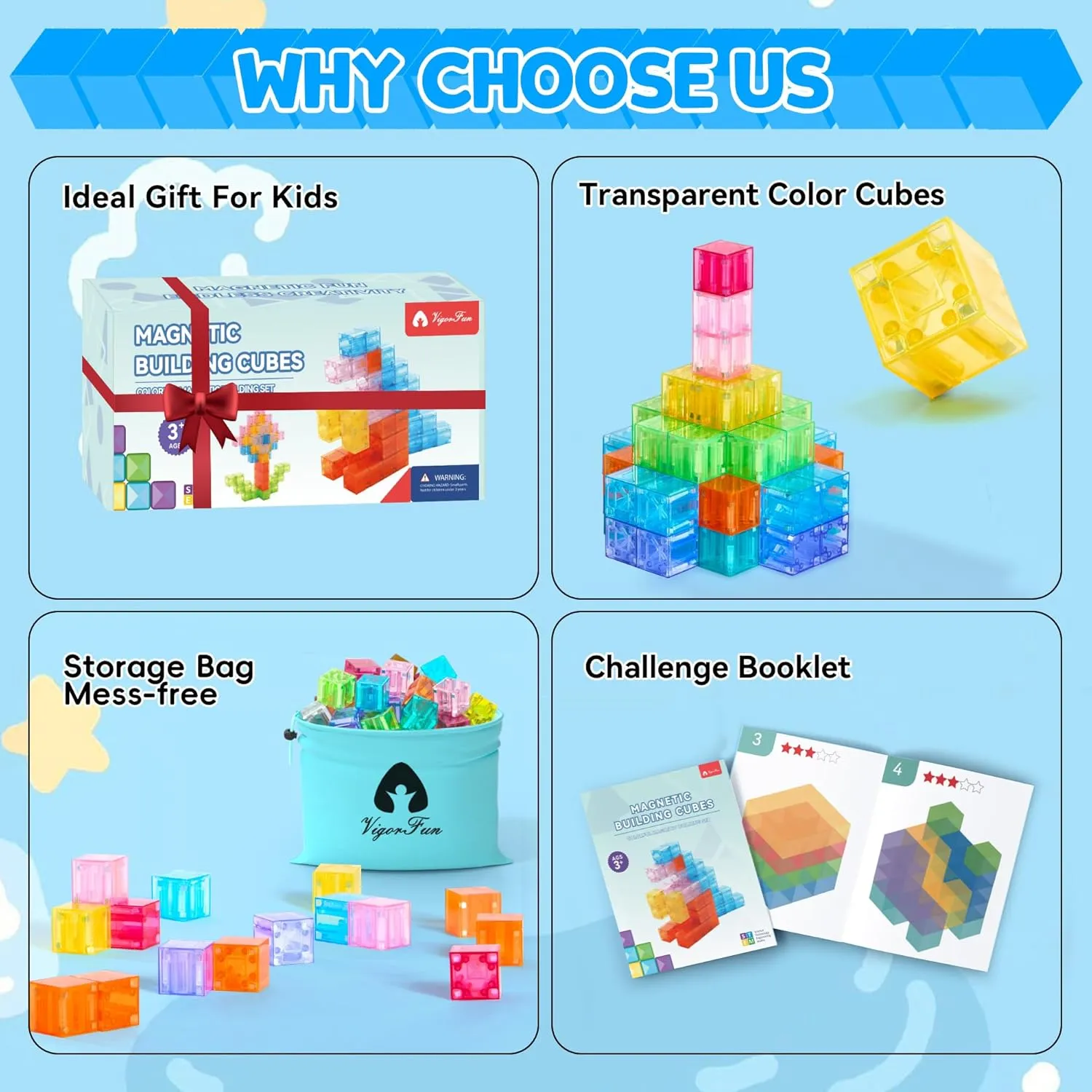 Magnetic Blocks Set, Magnet Building Blocks with Toy Figurine and Storage Bag for Kids Gifts, STEM Educational Preschool Sensory Toys for Toddlers Boys Girls Ages 3-12(Transparent)
