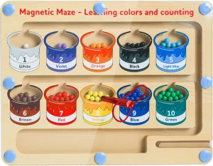 Magnetic Color & Number Maze Board | Montessori Toys for 3 Year Old with Magnetic Beads, Wooden Fine Motor Skills Toys for Toddlers 3 4 5, Educational Magnetic Board Learning Games Ages 3 