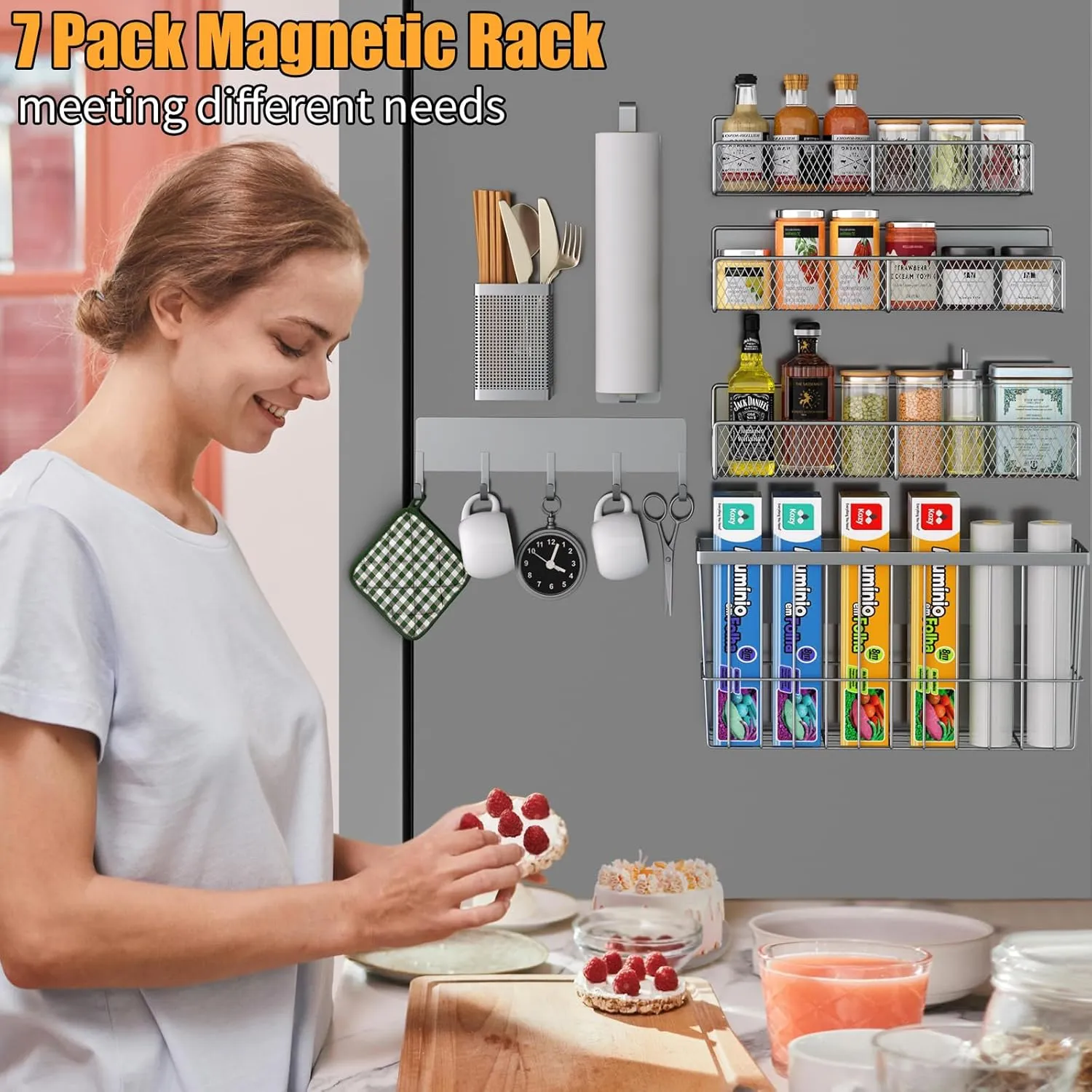 Magnetic Spice Rack for Refrigerator, 7 Pack Metal Magnetic Shelf, Moveable Magnetic Storage Fridge Organizer Grey, Spice Organizer, Hook Rack, Paper Towel Holder, Cutting Board Holder, HM5471