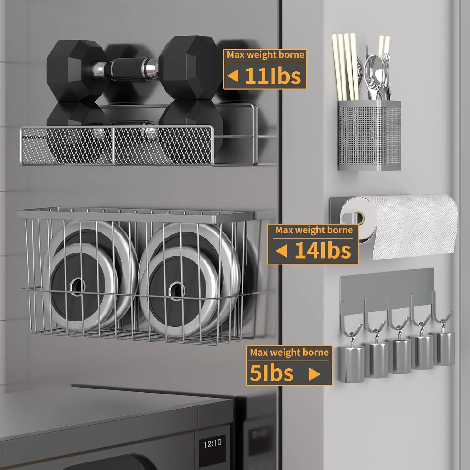 Magnetic Spice Rack for Refrigerator, 7 Pack Metal Magnetic Shelf, Moveable Magnetic Storage Fridge Organizer Grey, Spice Organizer, Hook Rack, Paper Towel Holder, Cutting Board Holder, HM5471