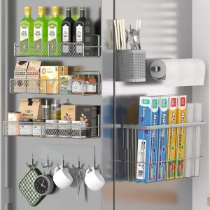 Magnetic Spice Rack for Refrigerator, 7 Pack Metal Magnetic Shelf, Moveable Magnetic Storage Fridge Organizer Grey, Spice Organizer, Hook Rack, Paper Towel Holder, Cutting Board Holder, HM5471