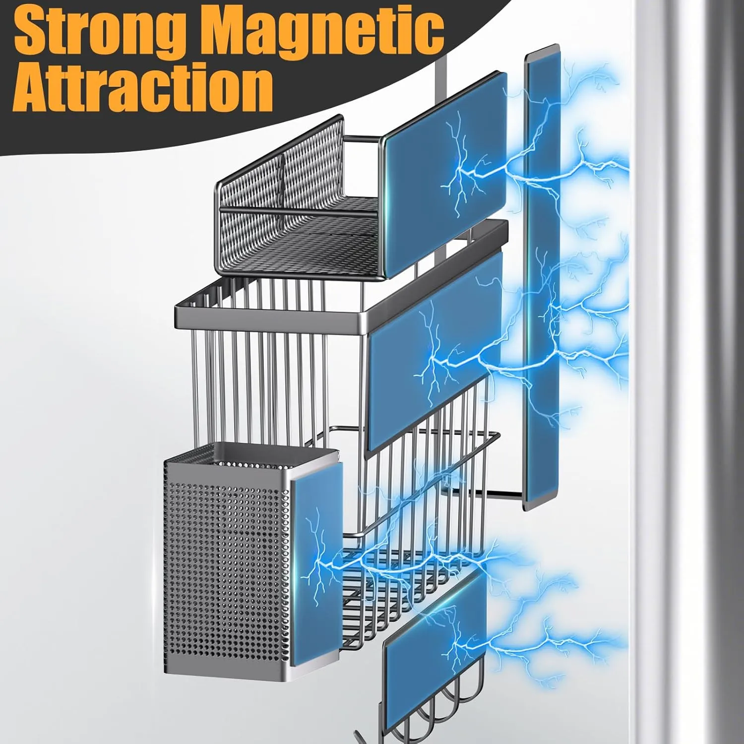 Magnetic Spice Rack for Refrigerator, 7 Pack Metal Magnetic Shelf, Moveable Magnetic Storage Fridge Organizer Grey, Spice Organizer, Hook Rack, Paper Towel Holder, Cutting Board Holder, HM5471