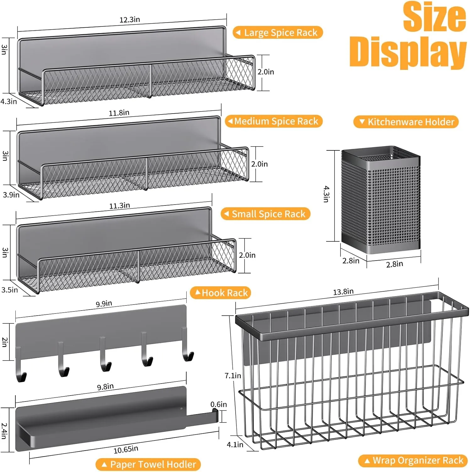Magnetic Spice Rack for Refrigerator, 7 Pack Metal Magnetic Shelf, Moveable Magnetic Storage Fridge Organizer Grey, Spice Organizer, Hook Rack, Paper Towel Holder, Cutting Board Holder, HM5471