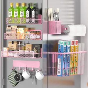 Magnetic Spice Rack for Refrigerator, 7 Pack Metal Magnetic Shelf, Moveable Magnetic Storage Fridge Organizer Pink, Spice Organizer, Hook Rack, Paper Towel Holder, Cutting Board Holder, HM5470