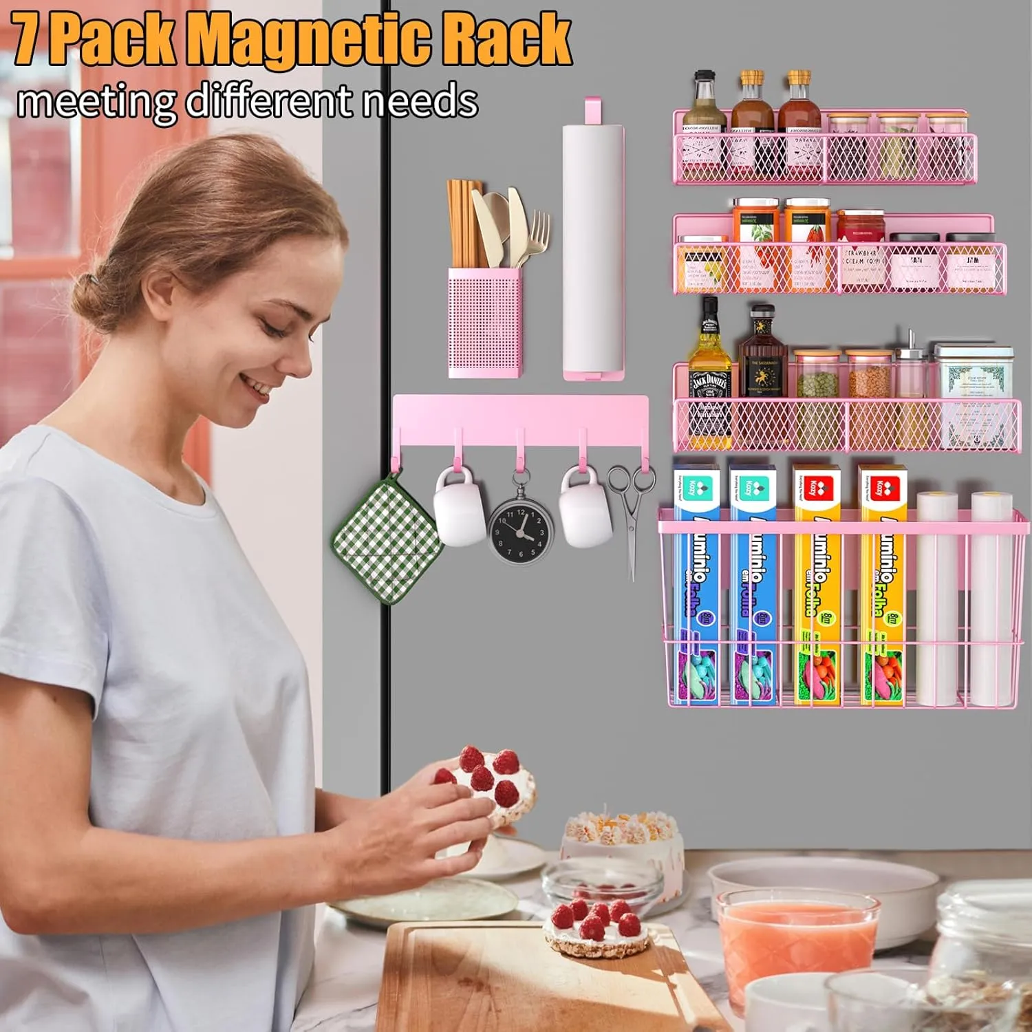 Magnetic Spice Rack for Refrigerator, 7 Pack Metal Magnetic Shelf, Moveable Magnetic Storage Fridge Organizer Pink, Spice Organizer, Hook Rack, Paper Towel Holder, Cutting Board Holder, HM5470