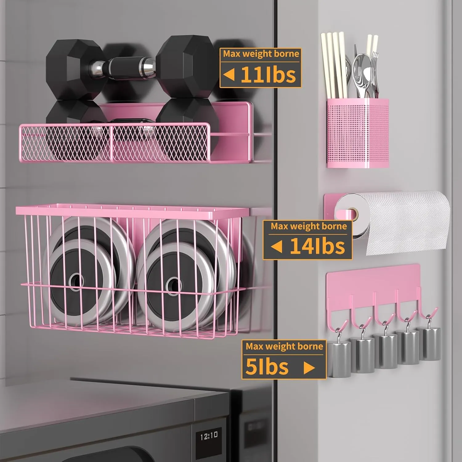 Magnetic Spice Rack for Refrigerator, 7 Pack Metal Magnetic Shelf, Moveable Magnetic Storage Fridge Organizer Pink, Spice Organizer, Hook Rack, Paper Towel Holder, Cutting Board Holder, HM5470