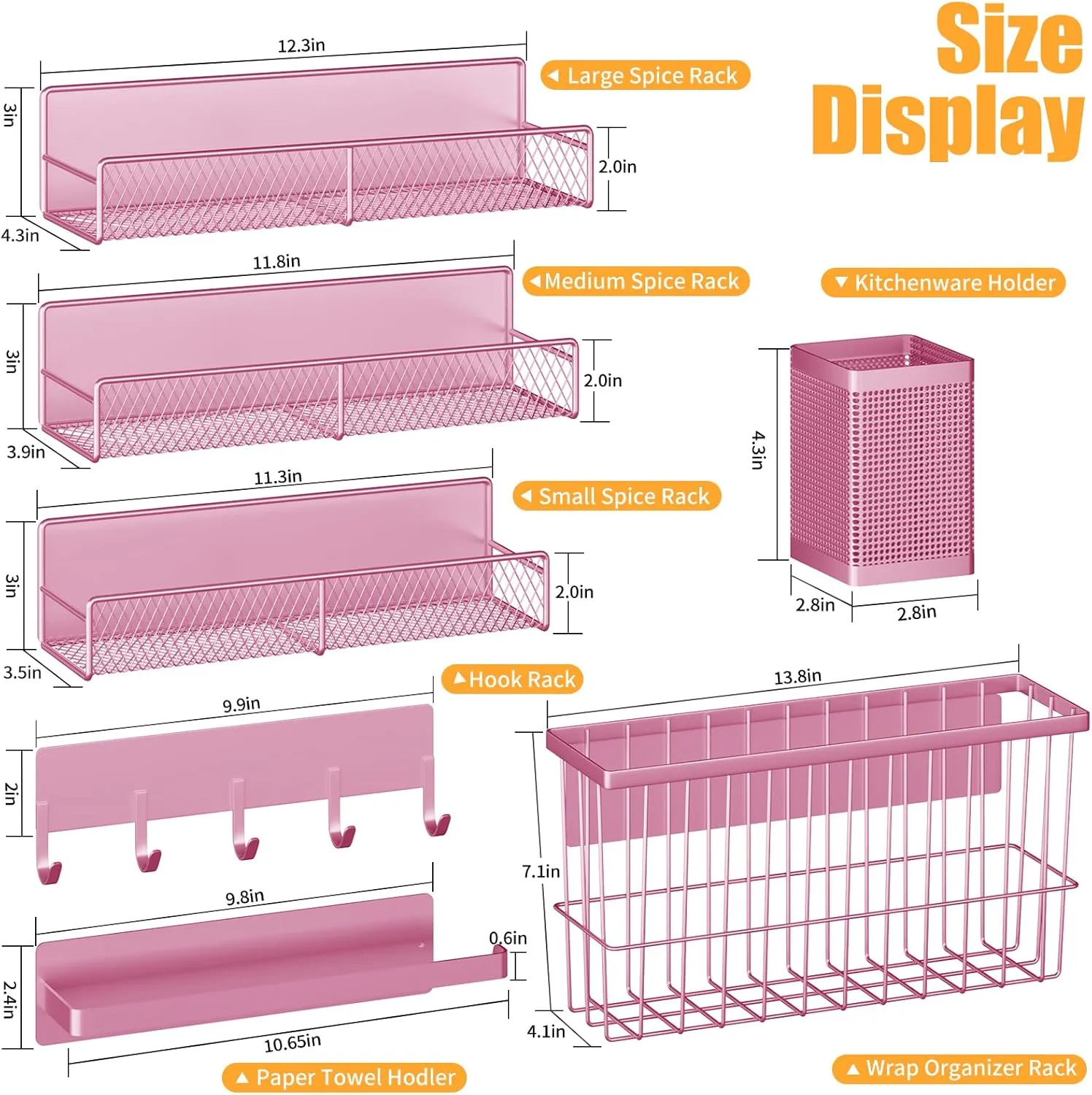 Magnetic Spice Rack for Refrigerator, 7 Pack Metal Magnetic Shelf, Moveable Magnetic Storage Fridge Organizer Pink, Spice Organizer, Hook Rack, Paper Towel Holder, Cutting Board Holder, HM5470