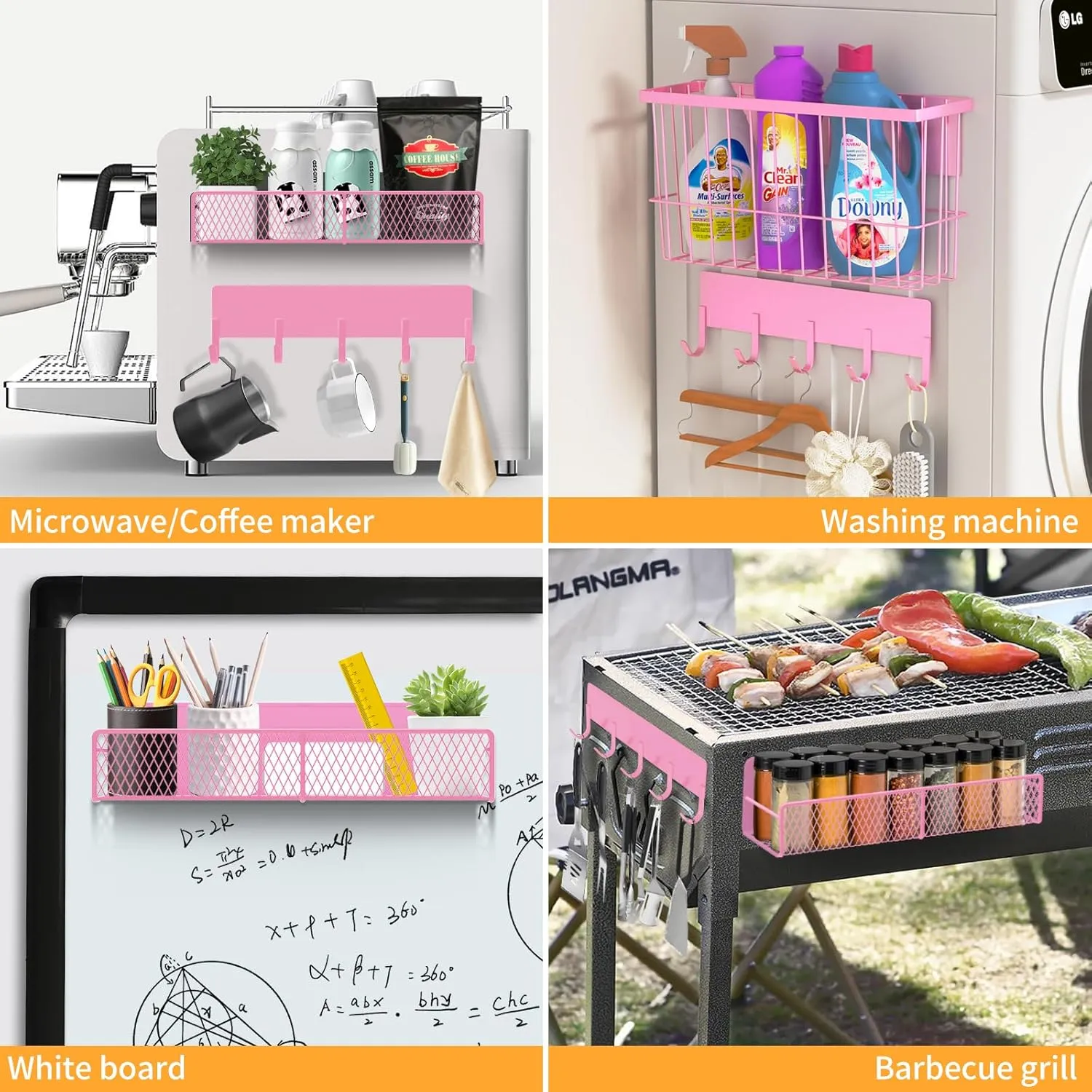 Magnetic Spice Rack for Refrigerator, 7 Pack Metal Magnetic Shelf, Moveable Magnetic Storage Fridge Organizer Pink, Spice Organizer, Hook Rack, Paper Towel Holder, Cutting Board Holder, HM5470