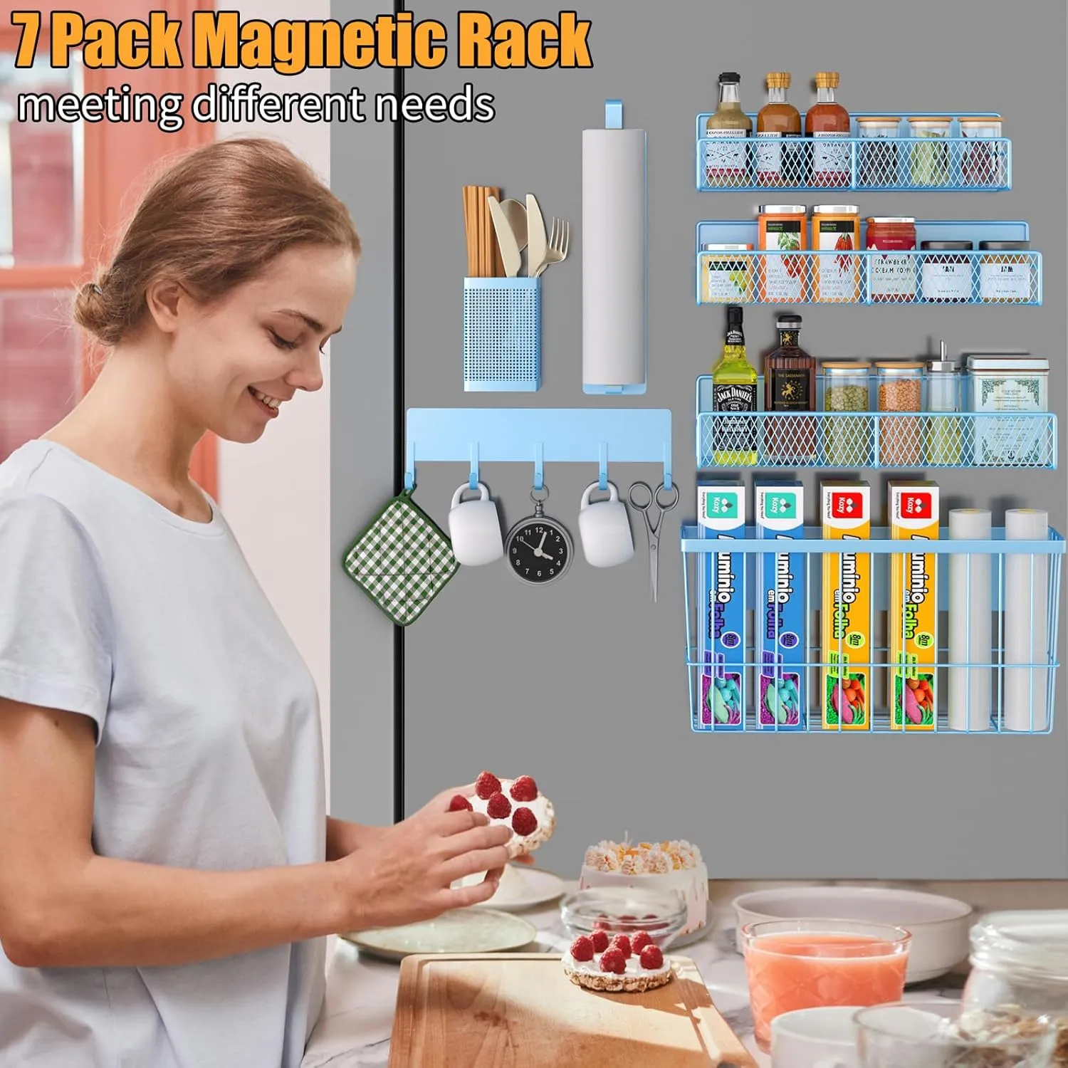 Magnetic Spice Rack for Refrigerator, 7 Pack Metal Magnetic Shelf, Moveable Magnetic Storage Fridge Organizer, Spice Organizer, Hook Rack, Paper Towel Holder, Utensils and Cutting Board Holder, Blue