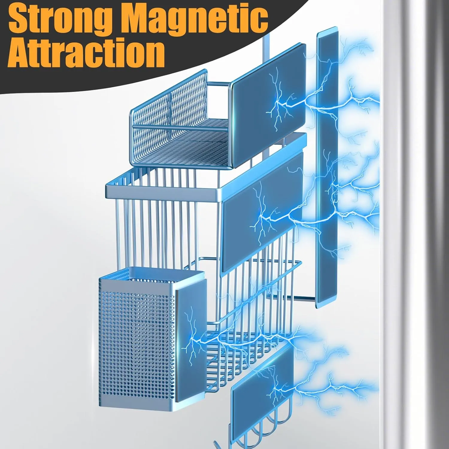 Magnetic Spice Rack for Refrigerator, 7 Pack Metal Magnetic Shelf, Moveable Magnetic Storage Fridge Organizer, Spice Organizer, Hook Rack, Paper Towel Holder, Utensils and Cutting Board Holder, Blue