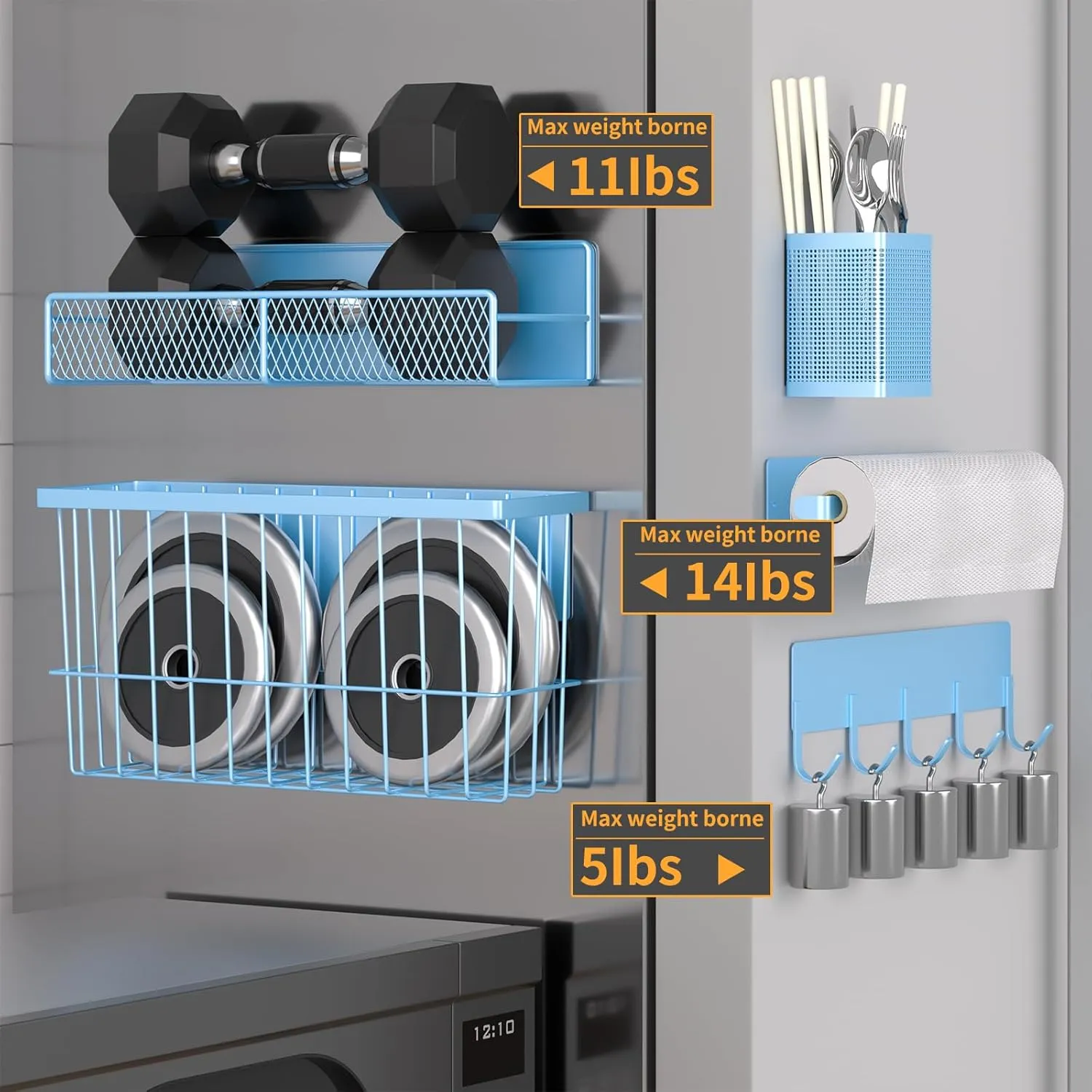 Magnetic Spice Rack for Refrigerator, 7 Pack Metal Magnetic Shelf, Moveable Magnetic Storage Fridge Organizer, Spice Organizer, Hook Rack, Paper Towel Holder, Utensils and Cutting Board Holder, Blue