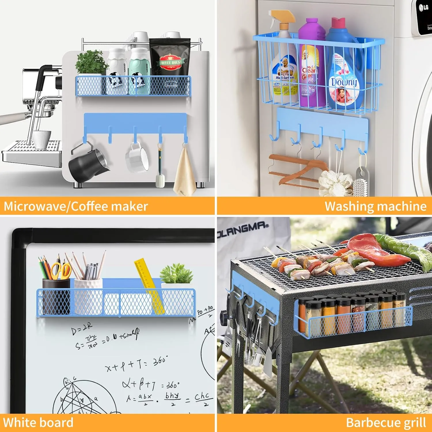 Magnetic Spice Rack for Refrigerator, 7 Pack Metal Magnetic Shelf, Moveable Magnetic Storage Fridge Organizer, Spice Organizer, Hook Rack, Paper Towel Holder, Utensils and Cutting Board Holder, Blue