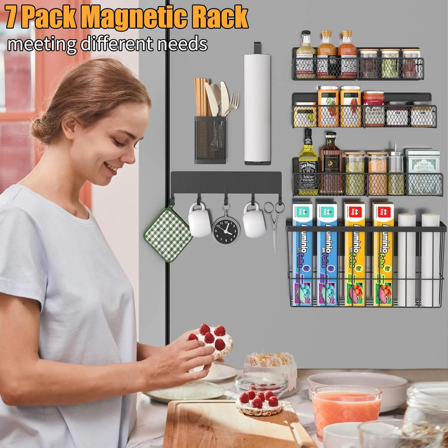 Magnetic Spice Rack for Refrigerator, 7 Pack Metal Magnetic Shelf, Moveable Magnetic Storage Fridge Organizer, Spice Organizer, Hook Rack, Paper Towel Holder, Utensils Holder, Cutting Board Holder